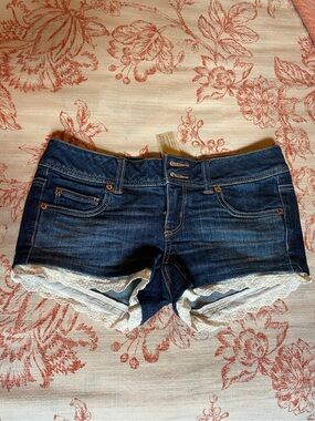 American Eagle Outfitters Dark Blue Denim Shorts with White Lace Trim